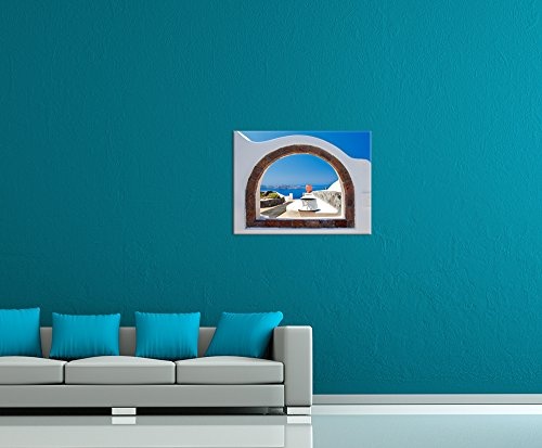 Wandbild - Window to Paradise - Fenster zum Paradies - Bild auf Leinwand - 80x60 cm - Leinwandbilder - Urlaub, Sonne & Meer - Santorin - Griechenland - Ausblick auf die Ägäis - mediterran