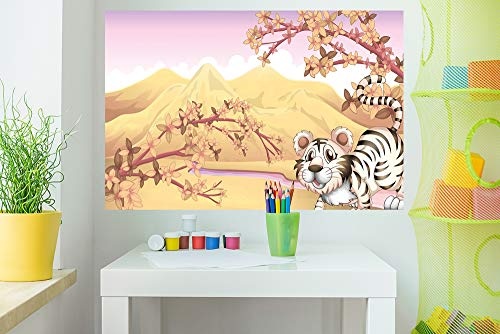 Bilderdepot24 Vlies Fototapete - Kinderbild - Tiere Cartoon VIII - Weißer Tiger - Pastell - 300x200 cm - Poster - Foto auf Tapete - Wandbild - Wandposter - Wand