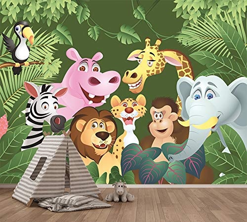 Fototapete selbstklebend Kindertapete - Dschungeltiere Cartoon IV - Pastell - 265x200 cm - Wandtapete - Poster - Dekoration - Wandbild - Wandposter - Bild - Wandbilder - Wanddeko