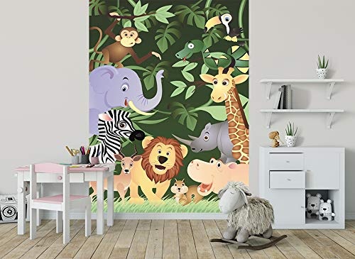 Vlies Fototapete - Kindertapete - Lustige Tiere im Dschungel - Cartoon - Pastell - 150x200 cm - mit Kleister - Poster - Foto auf Tapete - Wandbild - Wandtapete - Vliestapete