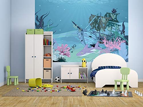 Vlies Fototapete - Kinderbild - Hai mit Schiffswrack - Pastell - 300x200 cm - Poster - Foto auf Tapete - Wandbild - Wandposter - Wand