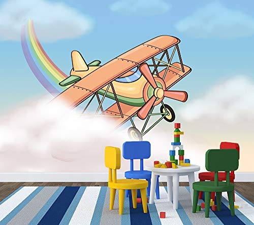 Bilderdepot24 Vlies Fototapete - Kinderbild - Flugzeug Cartoon - Pastell - 300x200 cm - Poster - Foto auf Tapete - Wandbild - Wandposter - Wand