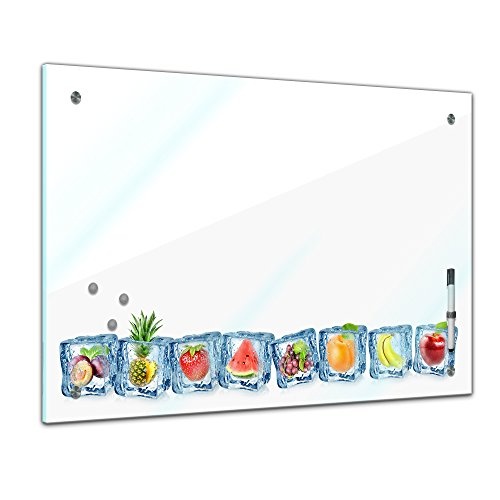 Memoboard - 60 x 40 cm, Essen und Trinken - Eiswürfel - Memotafel Pinnwand - Eis - Wasser - Früchte - Obst - Obstbild - Früchte im Eiswürfel - blau - verschiedene Früchte - Küchenbild - Küche