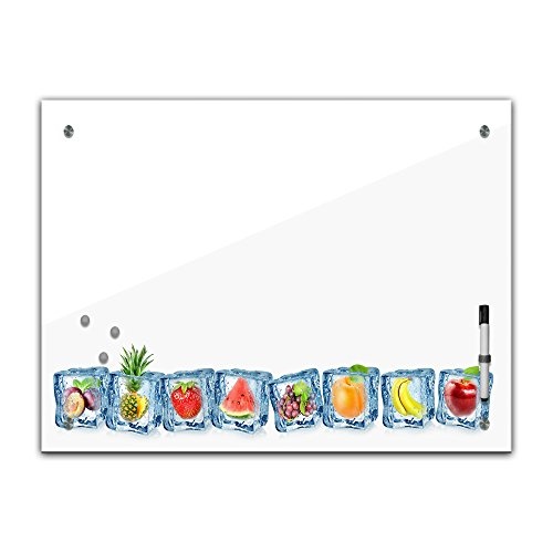 Memoboard - 60 x 40 cm, Essen und Trinken - Eiswürfel - Memotafel Pinnwand - Eis - Wasser - Früchte - Obst - Obstbild - Früchte im Eiswürfel - blau - verschiedene Früchte - Küchenbild - Küche