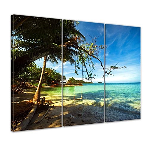 Wandbild - Tropical Beach Under Blue Sky - Thailand - Bild auf Leinwand - 120 x 80 cm 3tlg - Leinwandbilder - Bilder als Leinwanddruck - Landschaften - Asien - Schaukel am Strand