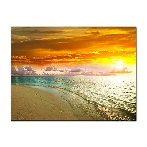 Wandbild - Strand Sonnenuntergang II - Bild auf Leinwand - 60x50 cm - Leinwandbilder - Urlaub, Sonne & Meer - Brandung - türkisblaues Wasser - Sonnenaufgang