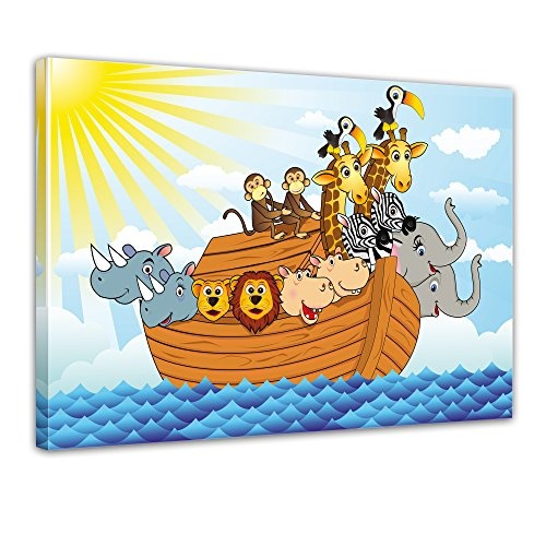 Keilrahmenbild - Kinderbild - Arche Noah Cartoon - Bild auf Leinwand - 120x90 cm - Leinwandbilder - Kinder - Bibel - Flut - Boot im Wasser - Tiere