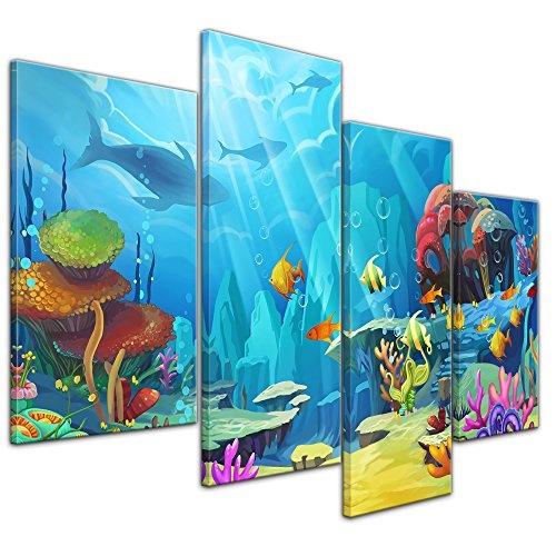 Wandbild Kinderbild Bunte Korallenwelt - 120x80 cm Bilder als Leinwanddruck Fotoleinwand Kinderbilder - Leben unter Wasser - Meeresbewohner - Fische an Einem Korallenriff