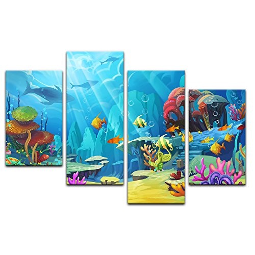Wandbild Kinderbild Bunte Korallenwelt - 120x80 cm Bilder als Leinwanddruck Fotoleinwand Kinderbilder - Leben unter Wasser - Meeresbewohner - Fische an Einem Korallenriff