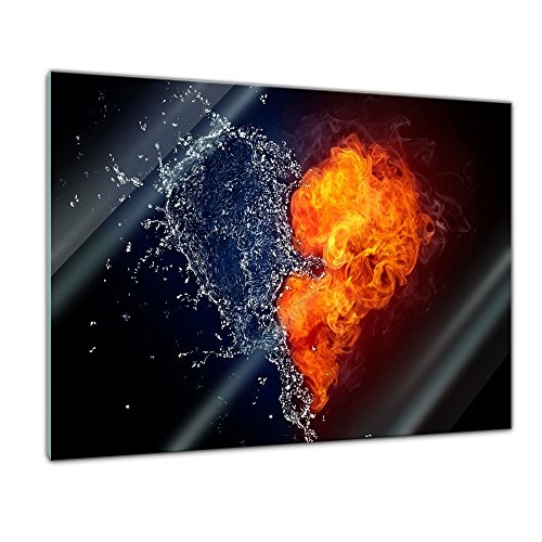 Glasbild - Herz Feuer und Wasser - 80x60 cm - Deko Glas -...