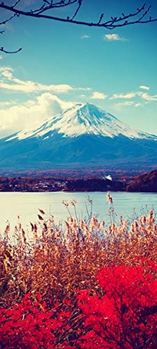 Bilderdepot24 Türtapete selbstklebend Fuji im Herbst Vintage 90 x 200 cm - einteilig Türaufkleber Türfolie Türposter - Berg Japan China Asien Vulkan Natur Landschaft Wasser