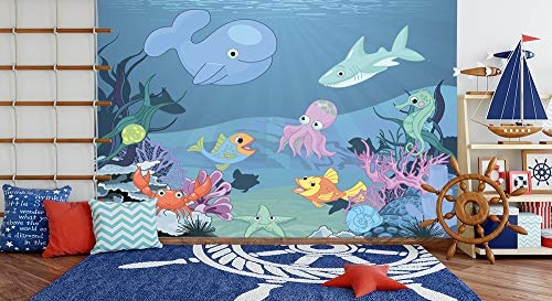 Bilderdepot24 Fototapete selbstklebend Kinderbild - Kinderbild Unterwasser Tiere X - Meerestiere Cartoon - Pastell - 150x100 cm - Dekoration - Wandbild - Wandposter - Wand - Wanddeko