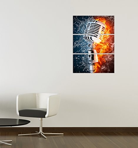 Wandbild - Microphone - Mikrofon Feuer und Wasser - Bild auf Leinwand - 90x150 cm 3tlg - Leinwandbilder - Urban & Graphic - Musik - Elemente - Retro