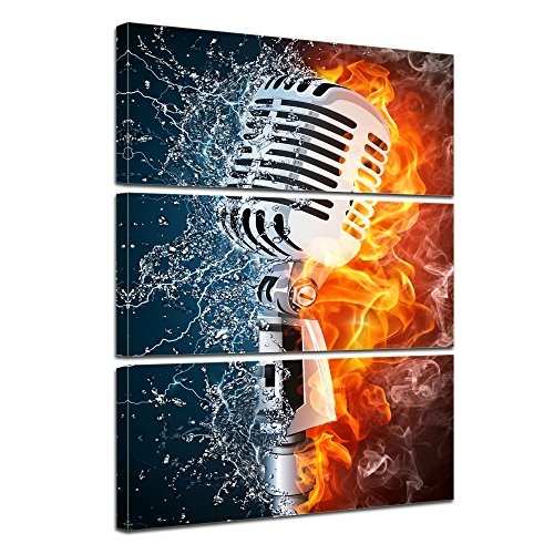 Wandbild - Microphone - Mikrofon Feuer und Wasser - Bild auf Leinwand - 90x150 cm 3tlg - Leinwandbilder - Urban & Graphic - Musik - Elemente - Retro