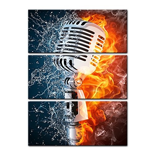 Wandbild - Microphone - Mikrofon Feuer und Wasser - Bild auf Leinwand - 90x150 cm 3tlg - Leinwandbilder - Urban & Graphic - Musik - Elemente - Retro