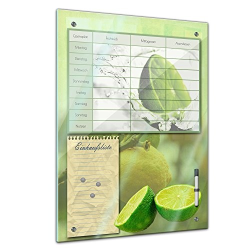 Memoboard 40 x 60 cm, Planer - Limette - Memotafel Pinnwand Essensplaner für die ganze Familie - Frucht - Früchte - Obst - Obstbild - Eis - Wasser - grün - Limone - Zitrusfrucht- Essenplaner