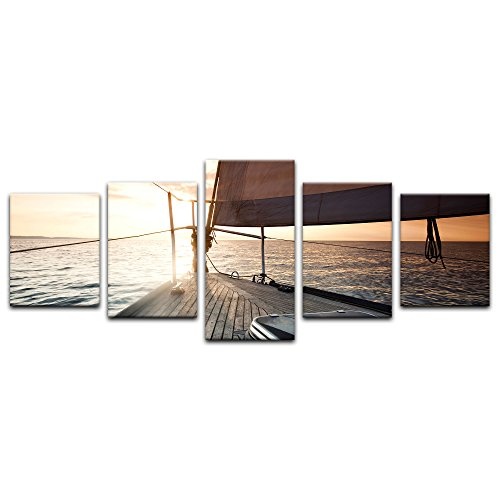 Wandbild Yacht auf See V - 200x80 cm Bilder als Leinwanddruck Fotoleinwand Urlaub, Sonne & Meer auf dem Wasser - Segeljacht am Abend