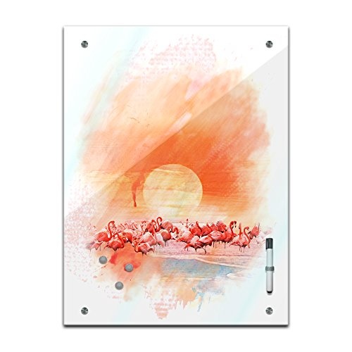Memoboard 60 x 80 cm, Aquarelle - Flamingos - Memotafel Pinnwand - Landschaftsmotiv - Natur - Tier - rosa - pink - Vogel - Wasser - Wasserfarbe - Tierbild - Küche - Glasbild - Handmade - Tierbild