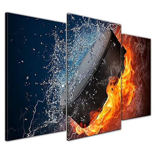 Wandbild Hockey Puck - Feuer und Wasser - 100x60 cm Leinwandbilder Bilder als Leinwanddruck Fotoleinwand Urban & Graphic - Wintersport - Eishockeypuck zwischen Feuer und Wasser