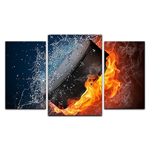 Wandbild Hockey Puck - Feuer und Wasser - 100x60 cm Leinwandbilder Bilder als Leinwanddruck Fotoleinwand Urban & Graphic - Wintersport - Eishockeypuck zwischen Feuer und Wasser