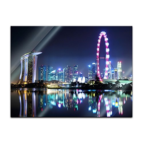Glasbild - Singapur bei Nacht - 80x60 cm - Deko Glas - Wandbild aus Glas - Bild auf Glas - Moderne Glasbilder - Glasfoto - Echtglas - kein Acryl - Handmade