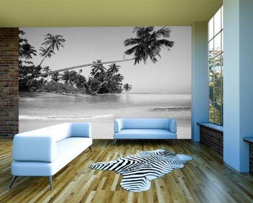 Bilderdepot24 Fototapete selbstklebend Strand III - schwarz weiß 250x230 cm - Wandposter Tapete Motivtapete - Bucht Küste Wasser Palme Landschaft Natur Insel