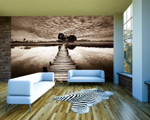 Bilderdepot24 Fototapete selbstklebend Tropischer Fluss mit Steg - sephia 265x200 cm - Designtapete Wallpaper Print - Tropisch Horizont Sonnenuntergang Abenddämmerung