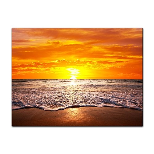 Wandbild - Strand Sonnenuntergang I - Bild auf Leinwand - 70x50 cm 1 teilig - Leinwandbilder - Landschaften - Meer - Brandung - Himmel