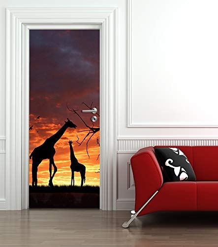 Bilderdepot24 Türtapete selbstklebend Giraffen im Sonnenuntergang 90 x 200 cm - einteilig Türaufkleber Türfolie Türposter - Afrika Tier Savanne Steppe Silhouette