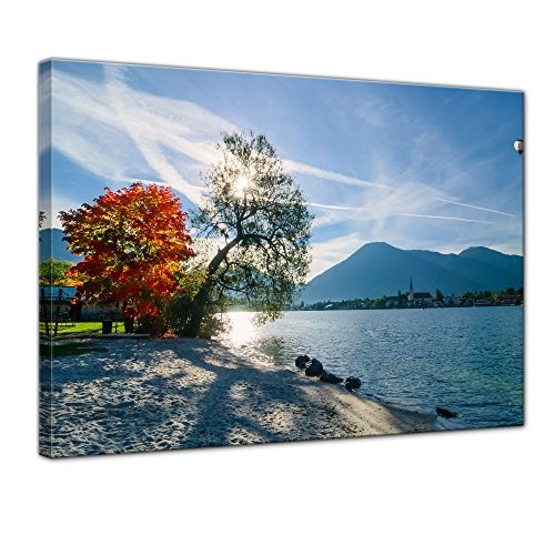 Wandbild - Schöner Morgen am See - Bild auf Leinwand - 40x30 cm einteilig - Leinwandbilder - Landschaften - Herbst - Bäume am Seeufer - sonnig