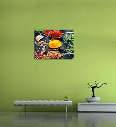 Wandbild - Kräuter und Gewürze - Bild auf Leinwand - 80x60 cm einteilig - Leinwandbilder - Essen & Trinken - farbenfrohe Gewürze auf Löffeln