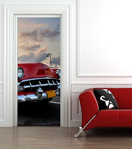 Bilderdepot24 Türtapete selbstklebend Roter Oldtimer - Havanna 90 x 200 cm - einteilig Türaufkleber Türfolie Türposter - Cuba Auto Automobil Klassiker Oldie Sammlerstück