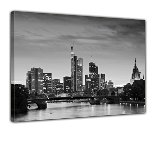 Wandbild - Frankfurt Skyline schwarz weiß - Deutschland bei Nacht - Deutschland - Bild auf Leinwand - 80x60 cm 1 teilig - Leinwandbilder - Städte & Kulturen - Hessen - Hochhäuser - Messe - Börse