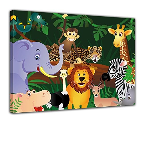 Wandbild - Kinderbild Wilde Tiere im Dschungel Cartoon - Bild auf Leinwand - 80x60 cm 1 teilig - Leinwandbilder - Kinder - Regenwald - Urwald - abenteuerlich