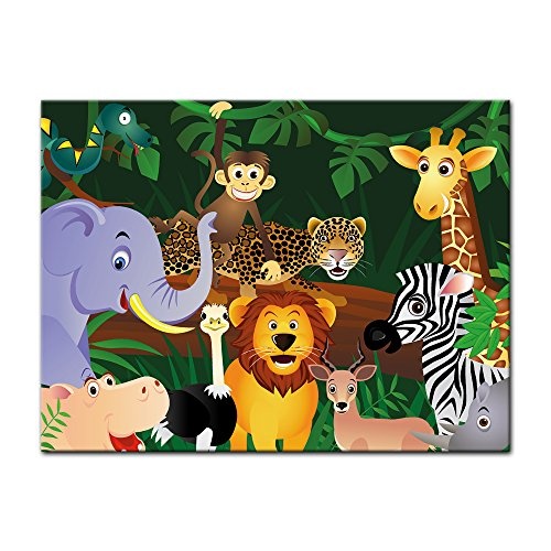 Wandbild - Kinderbild Wilde Tiere im Dschungel Cartoon - Bild auf Leinwand - 80x60 cm 1 teilig - Leinwandbilder - Kinder - Regenwald - Urwald - abenteuerlich