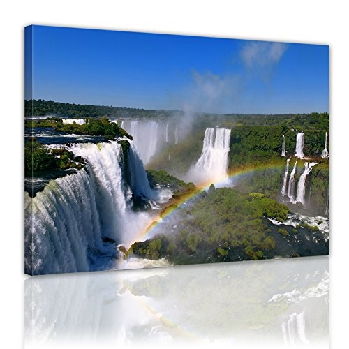 Wandbild - Iguazu Wasserfälle mit Regenbogen - Bild auf Leinwand - 80 x 60 cm 1 teilig - Leinwandbilder - Bilder als Leinwanddruck - Landschaften - Natur - Fluss Iguazu in Südamerika
