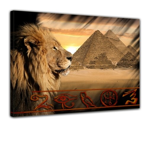 Wandbild - Löwe Pyramiden - Bild auf Leinwand - 70x50 cm 1 teilig - Leinwandbilder - Geist & Seele - Afrika - Ägypten - Hieroglyphen - Sonnenuntergang