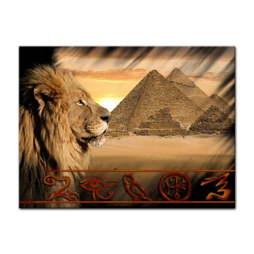 Wandbild - Löwe Pyramiden - Bild auf Leinwand - 70x50 cm 1 teilig - Leinwandbilder - Geist & Seele - Afrika - Ägypten - Hieroglyphen - Sonnenuntergang