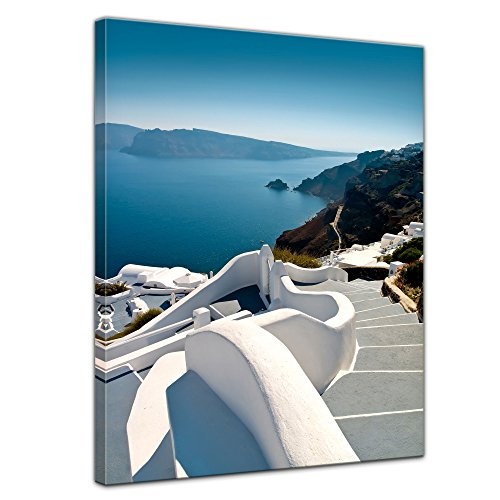 Wandbild - Santorini Treppe - Griechenland - Bild auf Leinwand - 50x70 cm 1 teilig - Leinwandbilder - Bilder als Leinwanddruck - Urlaub, Sonne & Meer - Europa - Mittelmeer