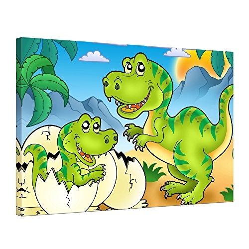 Wandbild - Dino Kinderbild - Tyrannosaurus Rex - Bild auf Leinwand - 80x60 cm 1 teilig - Leinwandbilder - Kinder - Dinosaurier - Raubtier - Mama mit Baby