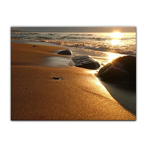 Wandbild - Goldener Strand - Bild auf Leinwand - 80x60 cm 1 teilig - Leinwandbilder - Bilder als Leinwanddruck - Urlaub, Sonne & Meer - Steine an Einem Strand