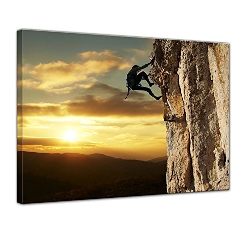 Wandbild - Bergsteiger im Sonnenuntergang - Bild auf Leinwand - 80x60 cm 1 teilig - Leinwandbilder - Bilder als Leinwanddruck - Landschaften - Sport - Klettern im Gebirge