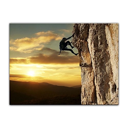Wandbild - Bergsteiger im Sonnenuntergang - Bild auf Leinwand - 80x60 cm 1 teilig - Leinwandbilder - Bilder als Leinwanddruck - Landschaften - Sport - Klettern im Gebirge