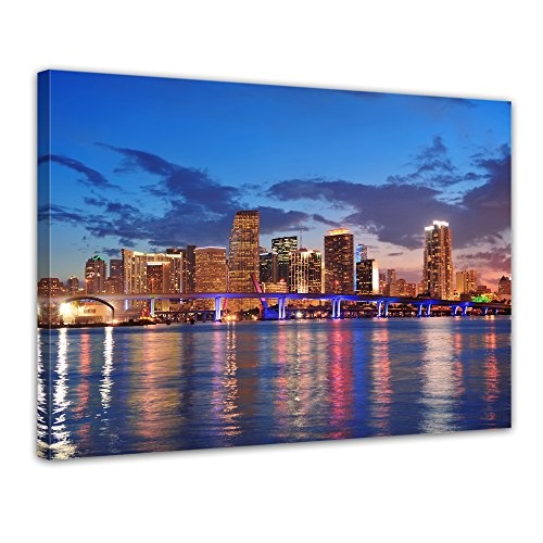 Wandbild - Skyline von Miami South Beach - Florida - Bild auf Leinwand - 70x50 cm 1 teilig - Leinwandbilder - Städte & Kulturen - Amerika - Biscayne Bay - Nachtleben
