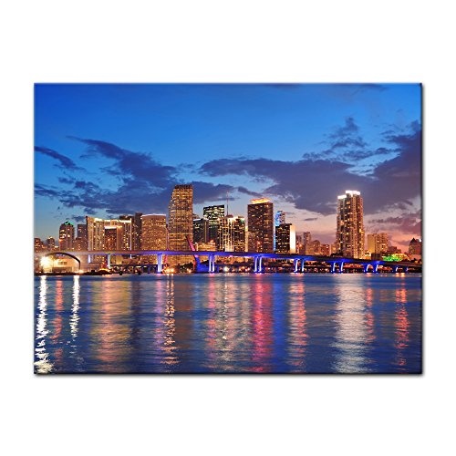 Wandbild - Skyline von Miami South Beach - Florida - Bild auf Leinwand - 70x50 cm 1 teilig - Leinwandbilder - Städte & Kulturen - Amerika - Biscayne Bay - Nachtleben