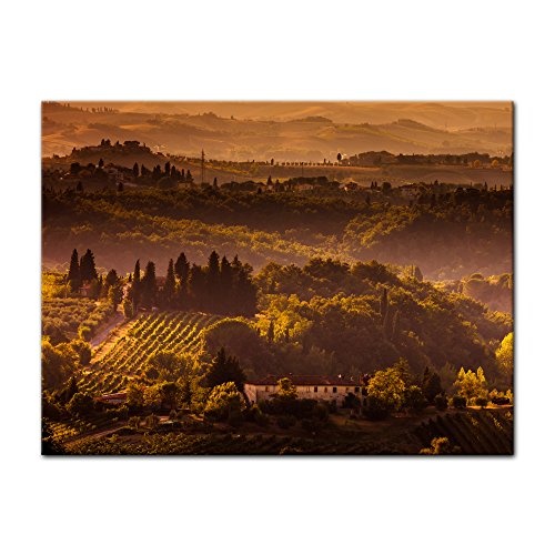 Wandbild - Toskana im Sonnenuntergang II - Bild auf Leinwand - 80x60 cm 1 teilig - Leinwandbilder - Landschaften - Italien - Chianti-Hügel - Zypressen - Weinreben