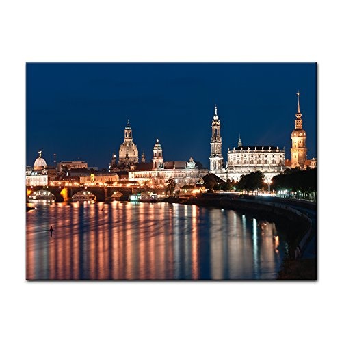 Wandbild - Dresden Skyline bei Nacht - Deutschland - Bild auf Leinwand - 70x50 cm 1 teilig - Leinwandbilder - Städte & Kulturen - Sachsen - Elbe - Altstadt - beleuchtet