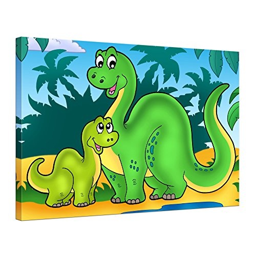 Wandbild - Dino Kinderbild - Familie - Bild auf Leinwand - 80x60 cm 1 teilig - Leinwandbilder - Kinder - Dinosaurier - Brachiosaurus - Mama mit Kind