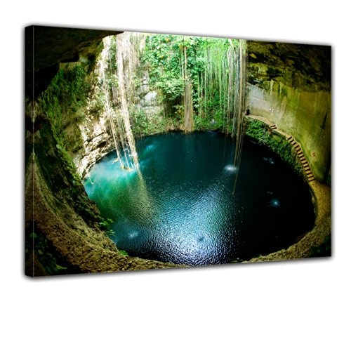 Wandbild - Ik-Kil Cenote Mexiko - Bild auf Leinwand - 70x50 cm 1 teilig - Leinwandbilder - Urlaub, Sonne & Meer - Yucatan - Unterwasserhöhle - Wasserloch - Pool