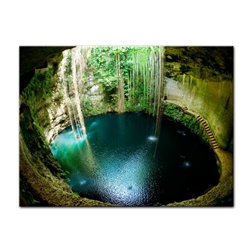 Wandbild - Ik-Kil Cenote Mexiko - Bild auf Leinwand - 70x50 cm 1 teilig - Leinwandbilder - Urlaub, Sonne & Meer - Yucatan - Unterwasserhöhle - Wasserloch - Pool